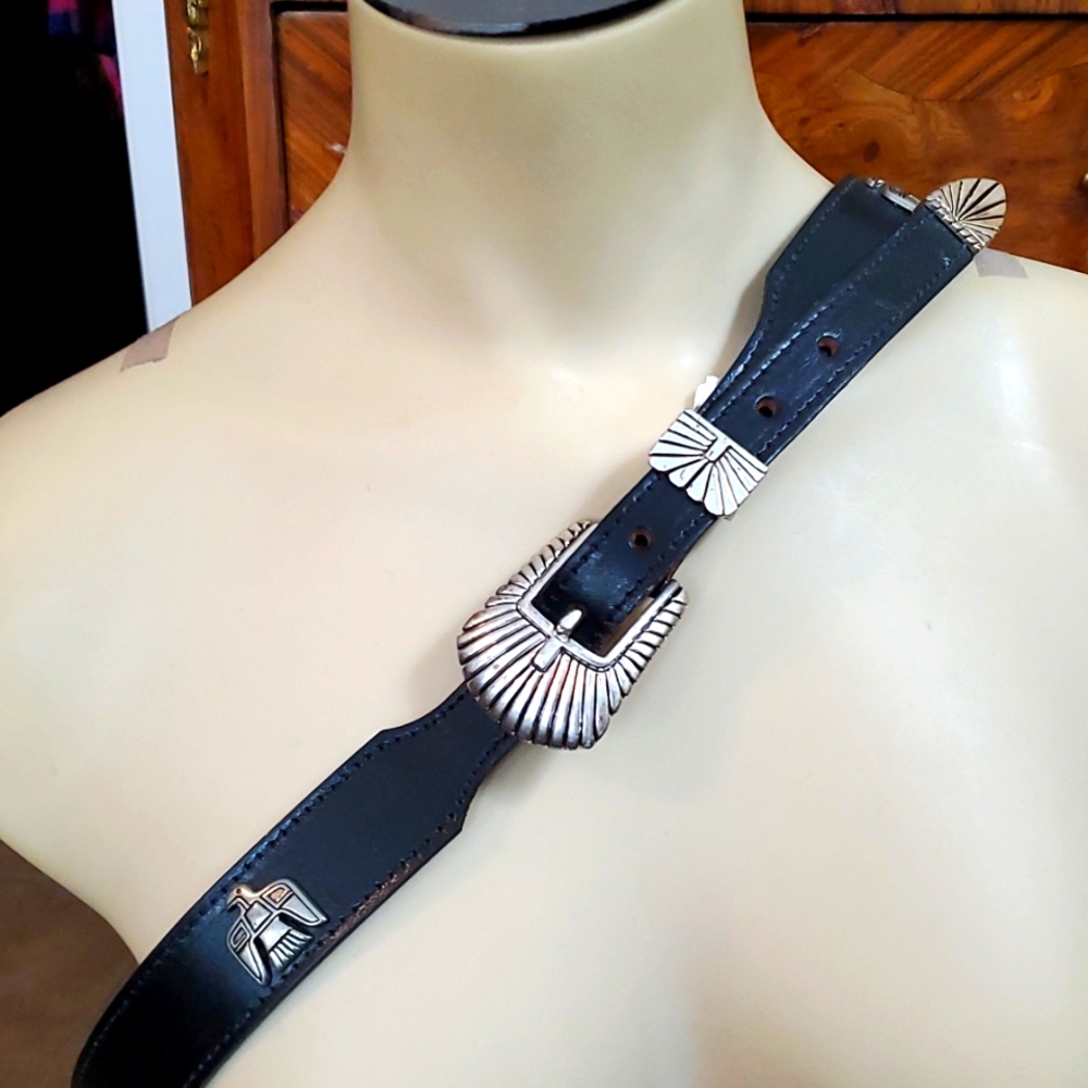 Black Leather Western-Style Belt with Silver Conchos